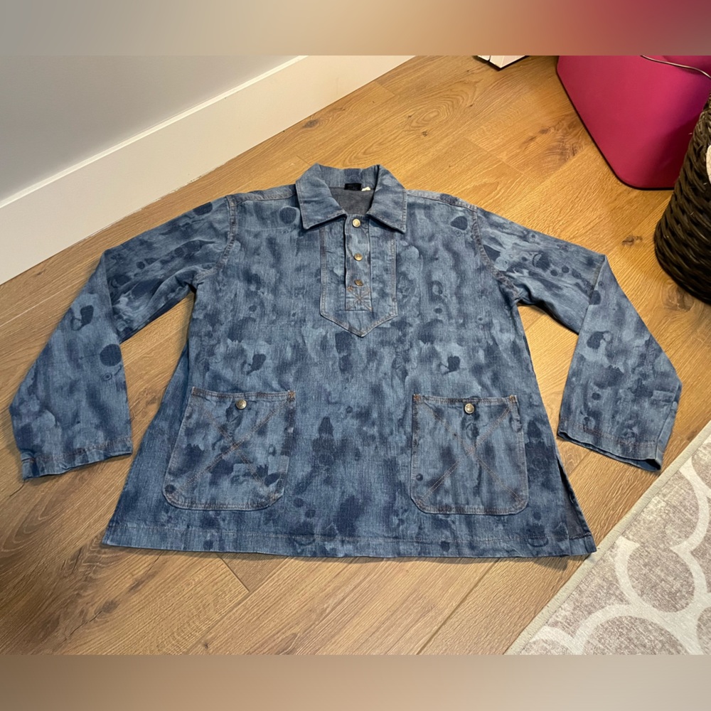 Vintage 80s Denim 1/2 Button Down With Pockets Acid Wash Men’s Long Sleeve Shirt